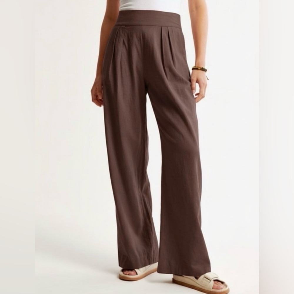 Abercrombie Linen Blend Wide Leg Pant Brown Pleated M Long